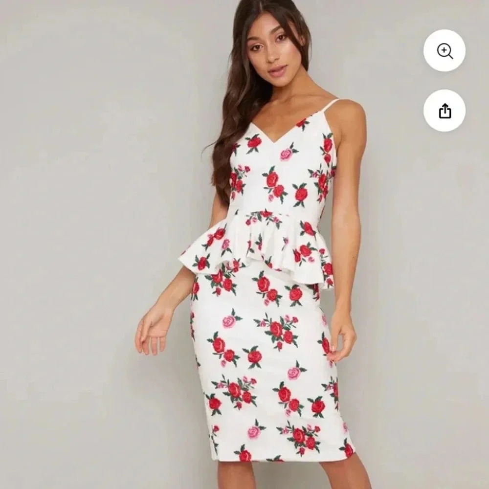 NWT Chi Chi London Larsen Dress US 12 Strappy Romantic Floral Roses On White